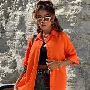Neon Orange Drop Shoulder Button Down